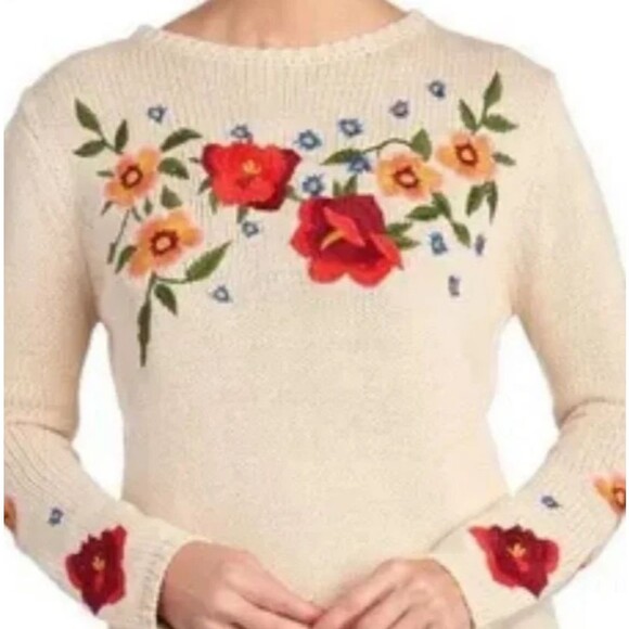 Cliche Womens Floral‎ Embroidered Wool Blend Beige Sweater Fuzzy Knit Curvy 1X - Picture 1 of 10